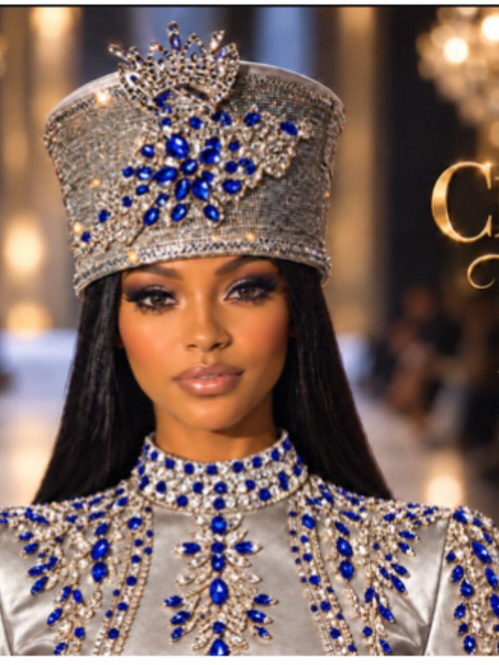 I Am The Queen Silver Church Hat Blue Rhinestone Brooch Style 92226